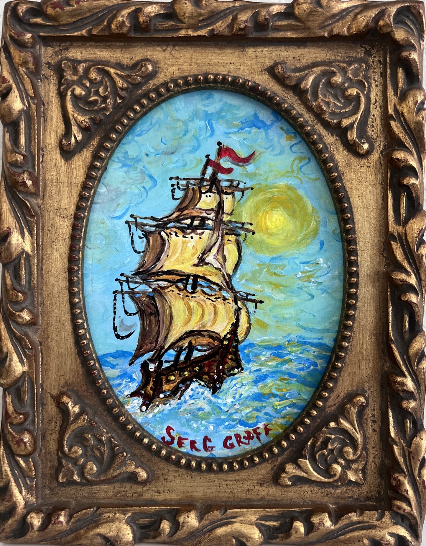 Serg Graff Original “Mirage” Ship Painting | Gold Ornate Frame | Nautical