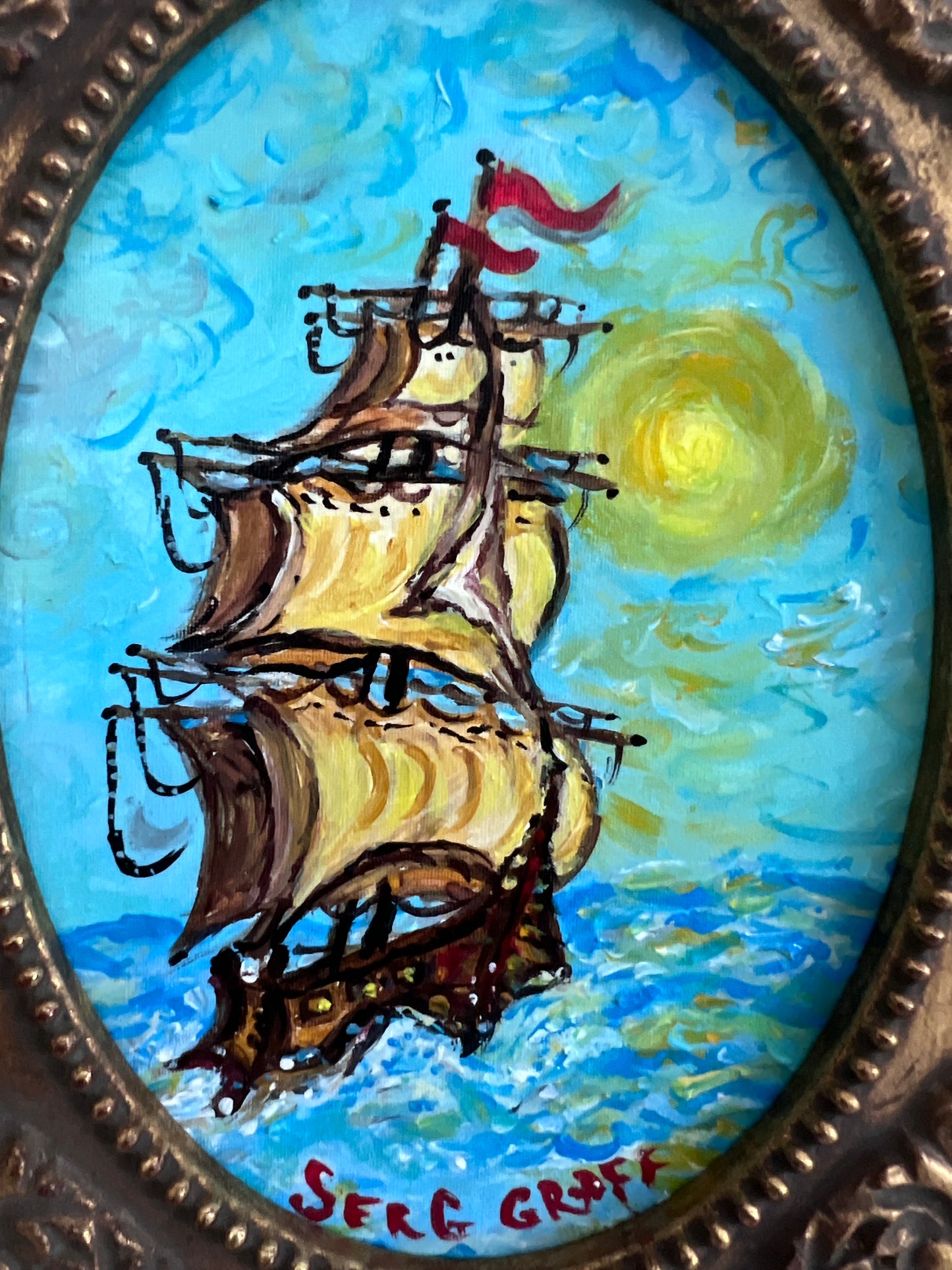 Serg Graff Original “Mirage” Ship Painting | Gold Ornate Frame | Nautical