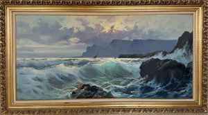 Huge Vintage Oil Painting Stormy Ocean Waves Rocky Coast Signed Framed 66.5"
