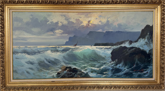 Huge Vintage Oil Painting Stormy Ocean Waves Rocky Coast Signed Framed 66.5"