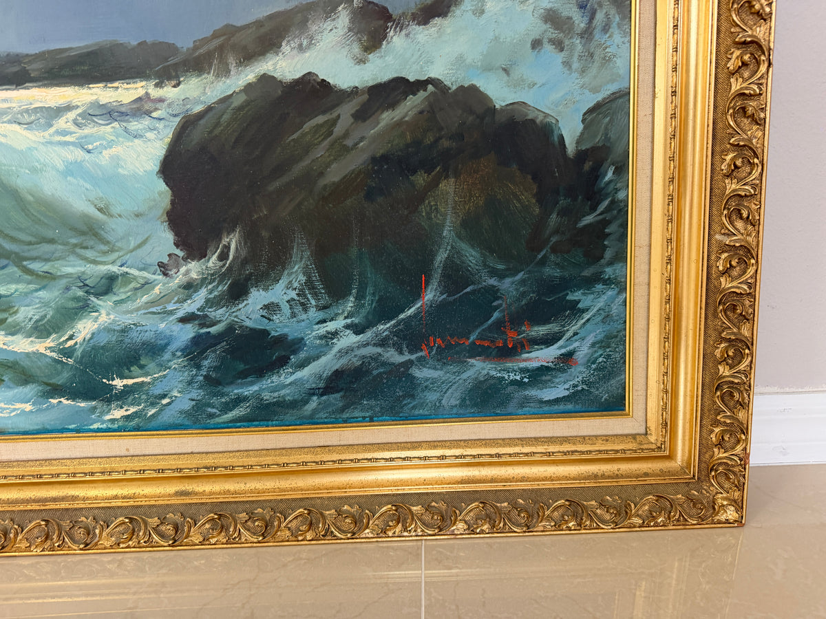 Huge Vintage Oil Painting Stormy Ocean Waves Rocky Coast Signed Framed 66.5"