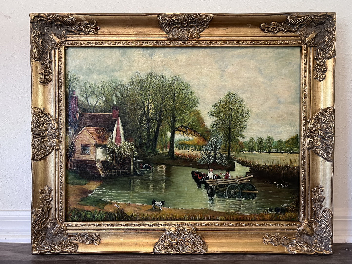 Vintage M. Jaffe English Original Oil Painting Cottage River Scene HorsesFramed