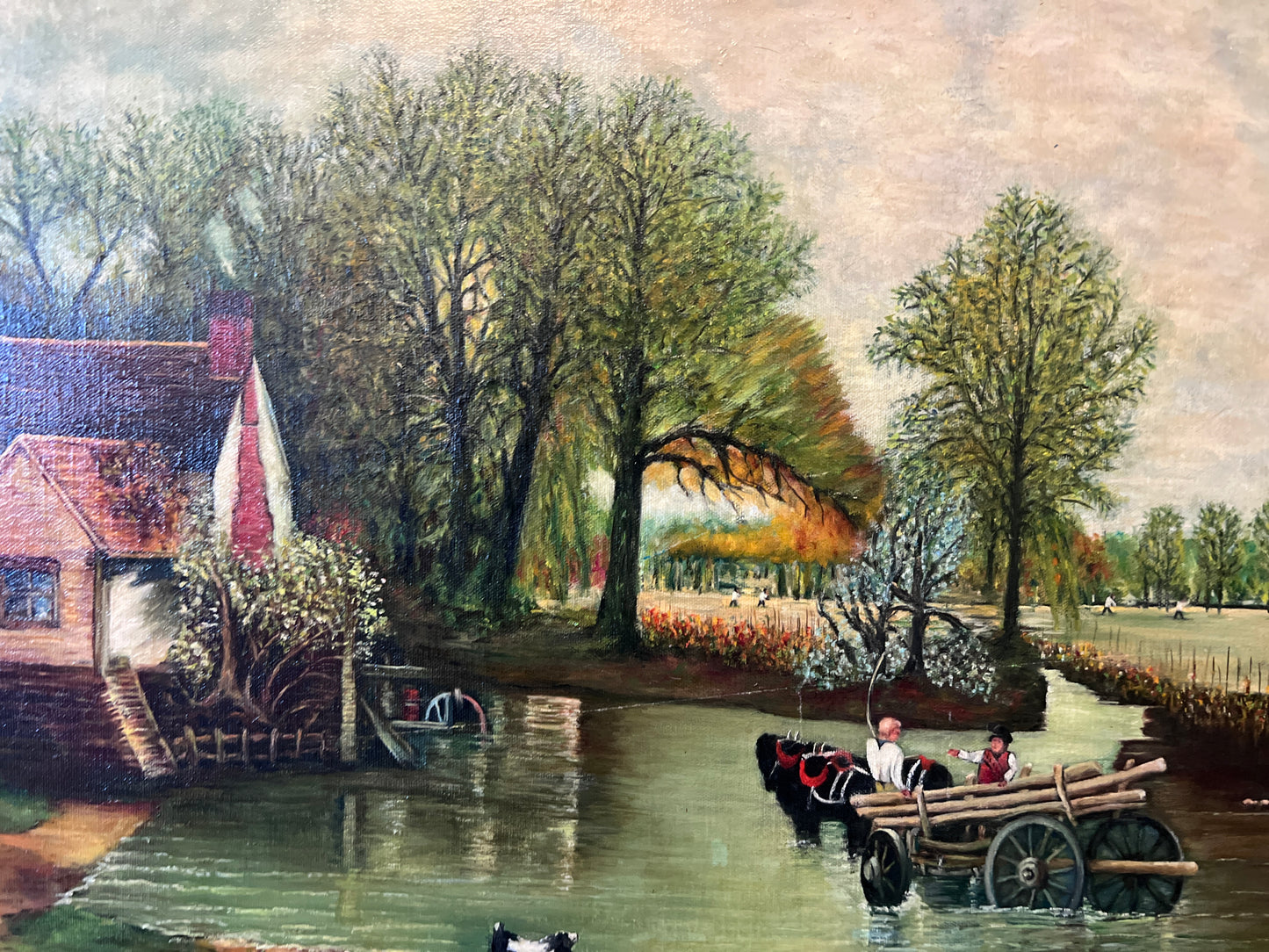 Vintage M. Jaffe English Original Oil Painting Cottage River Scene HorsesFramed