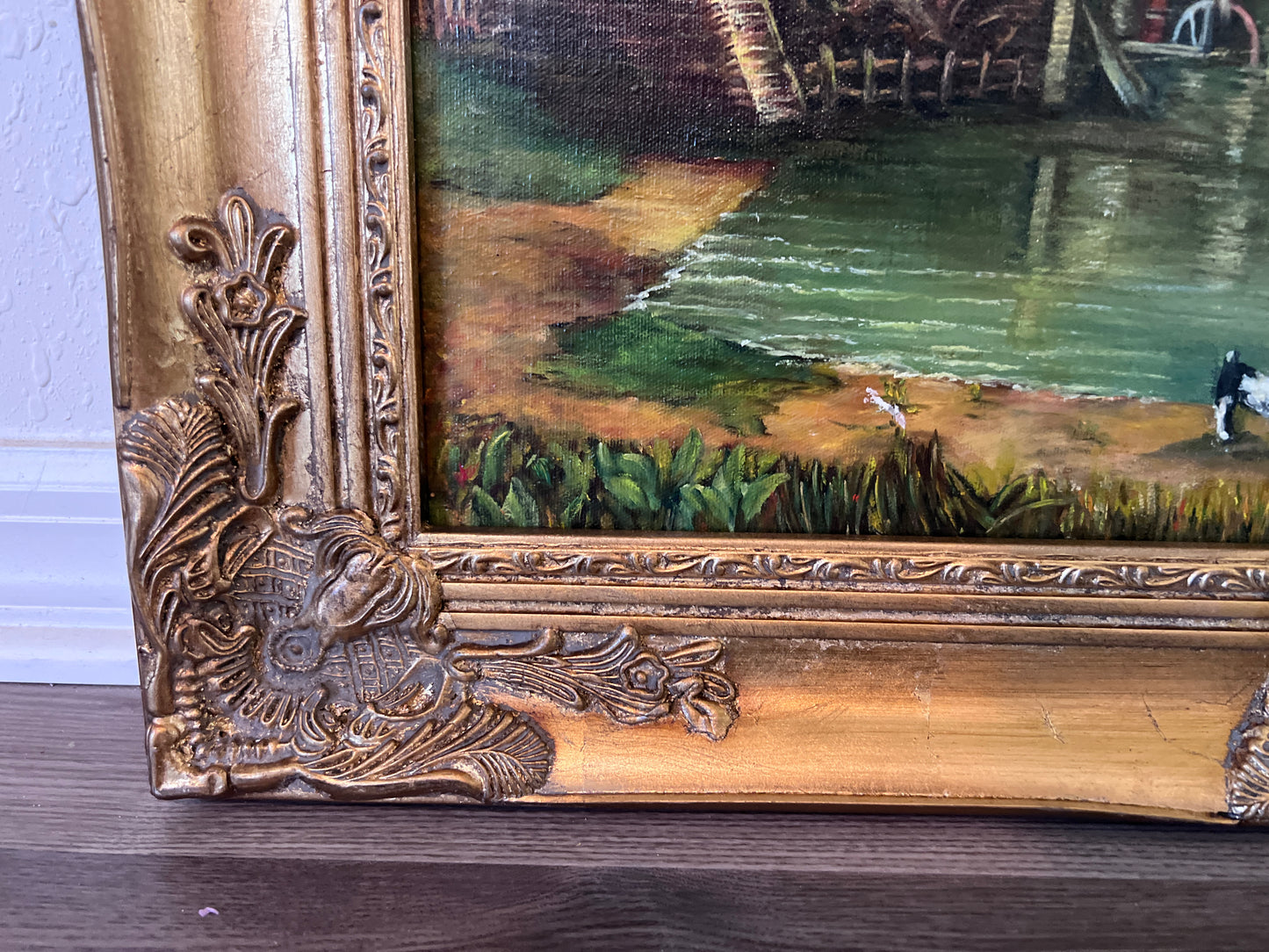 Vintage M. Jaffe English Original Oil Painting Cottage River Scene HorsesFramed