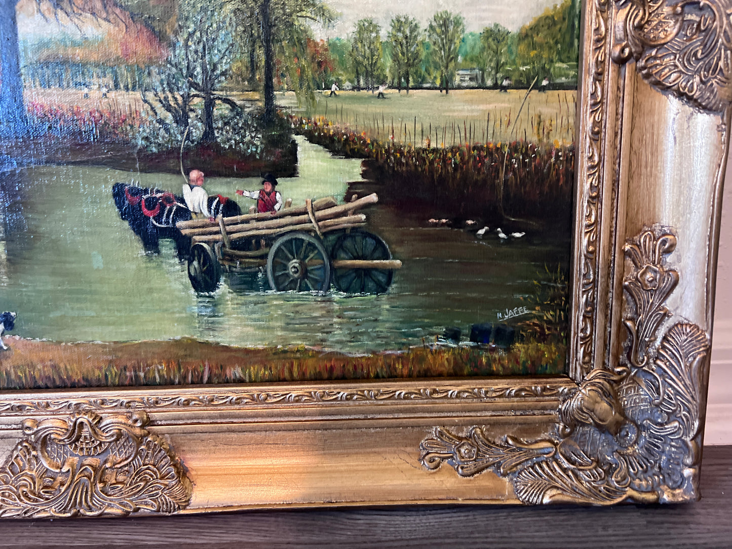 Vintage M. Jaffe English Original Oil Painting Cottage River Scene HorsesFramed