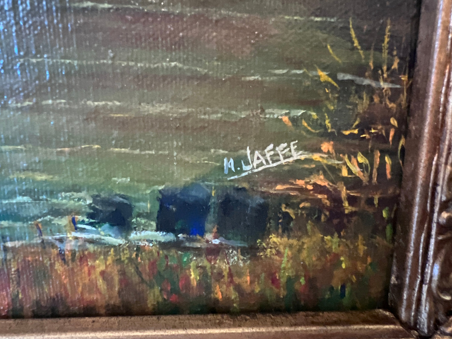 Vintage M. Jaffe English Original Oil Painting Cottage River Scene HorsesFramed