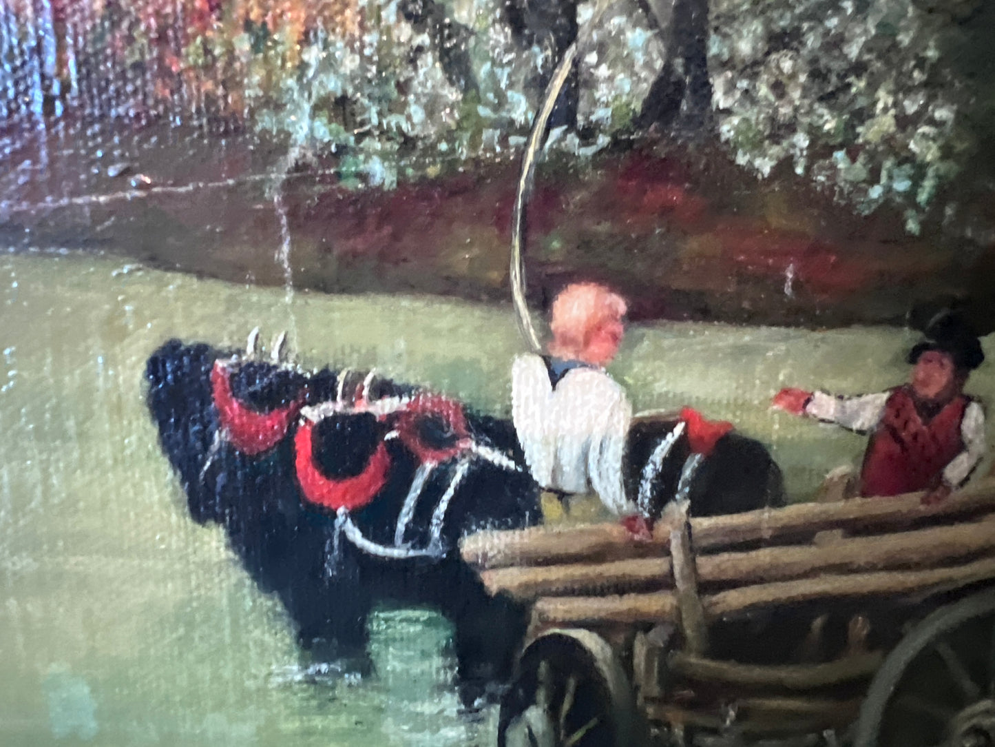 Vintage M. Jaffe English Original Oil Painting Cottage River Scene HorsesFramed
