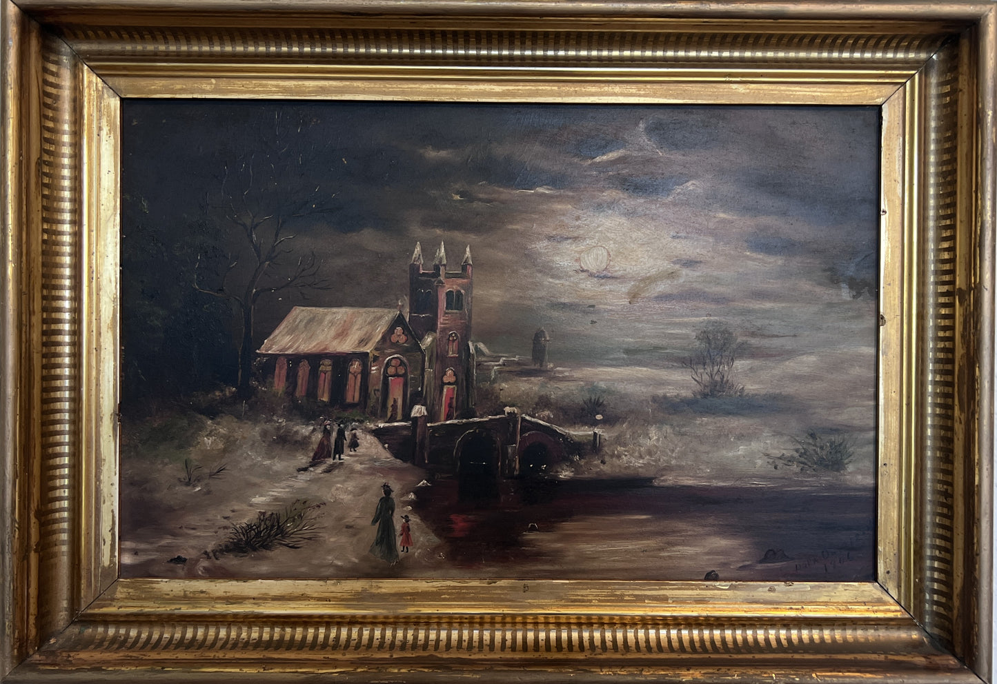 Antique 1906 Dutch Oil Painting Church Landscape Moonlit Scene Signed Framed