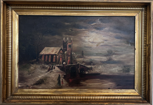 Antique 1906 Dutch Oil Painting Church Landscape Moonlit Scene Signed Framed