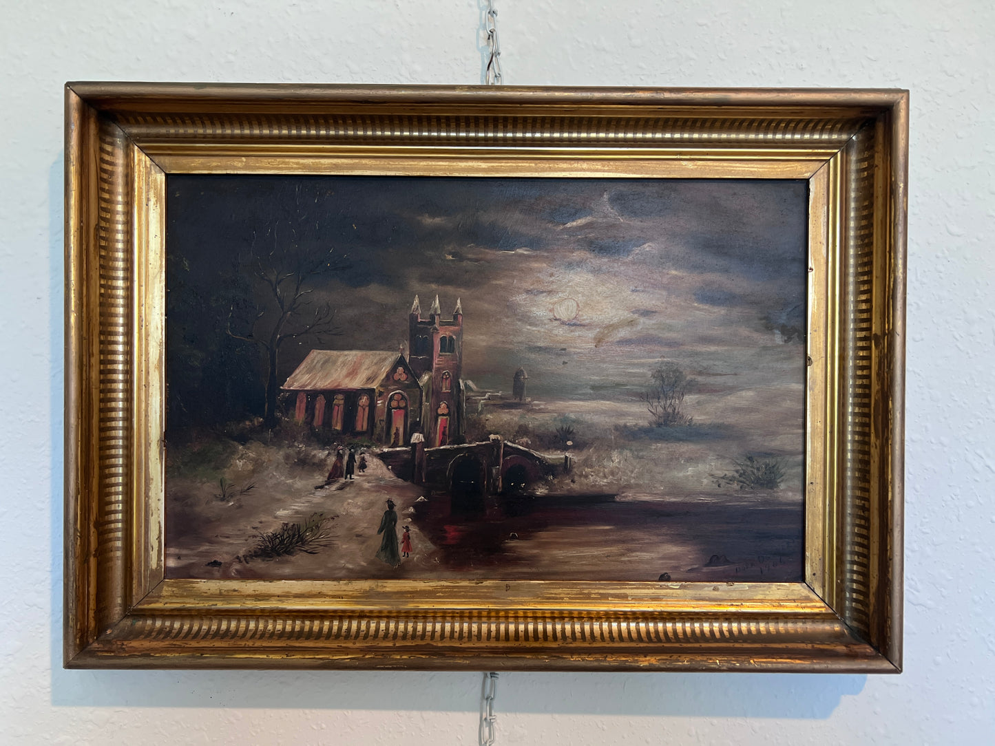 Antique 1906 Dutch Oil Painting Church Landscape Moonlit Scene Signed Framed