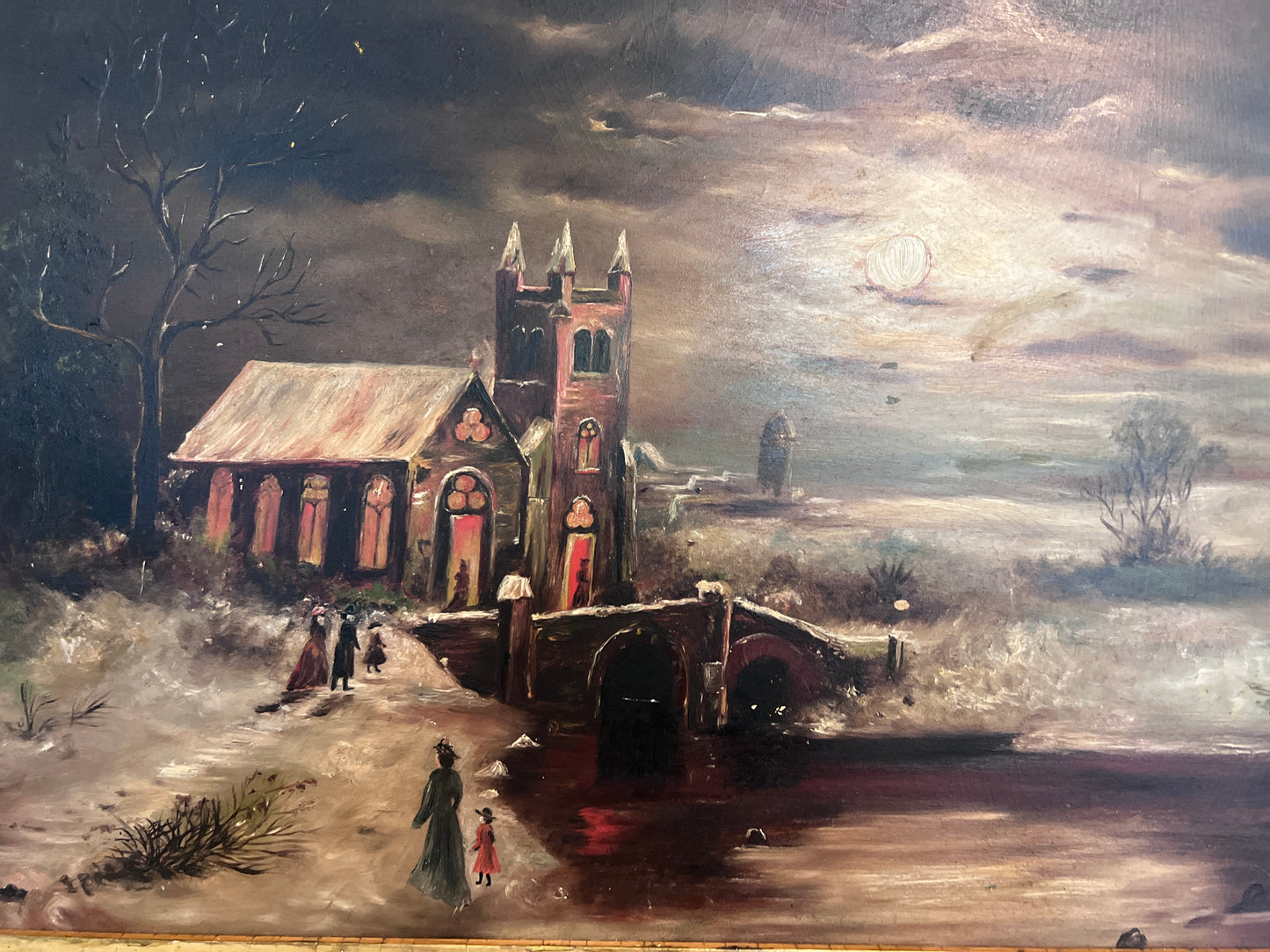 Antique 1906 Dutch Oil Painting Church Landscape Moonlit Scene Signed Framed