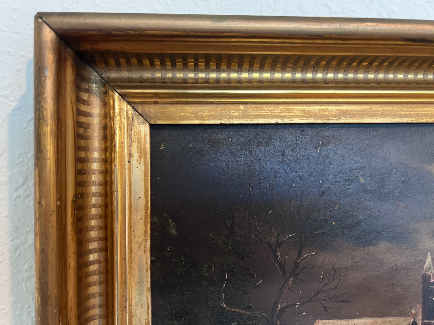 Antique 1906 Dutch Oil Painting Church Landscape Moonlit Scene Signed Framed