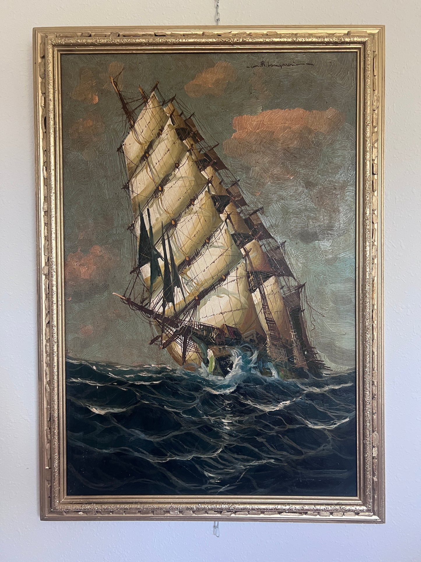 Listed Italian Artist Renato Longanesi Large oil painting on canvas Clipper ship