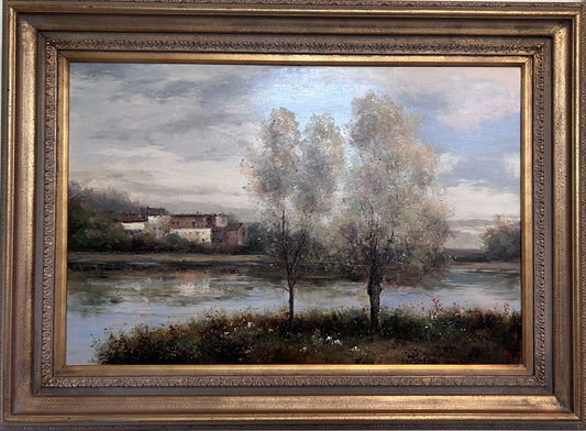 Large Vintage Oil Painting River Landscape European Countryside Scene Unsigned