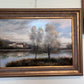 Large Vintage Oil Painting River Landscape European Countryside Scene Unsigned