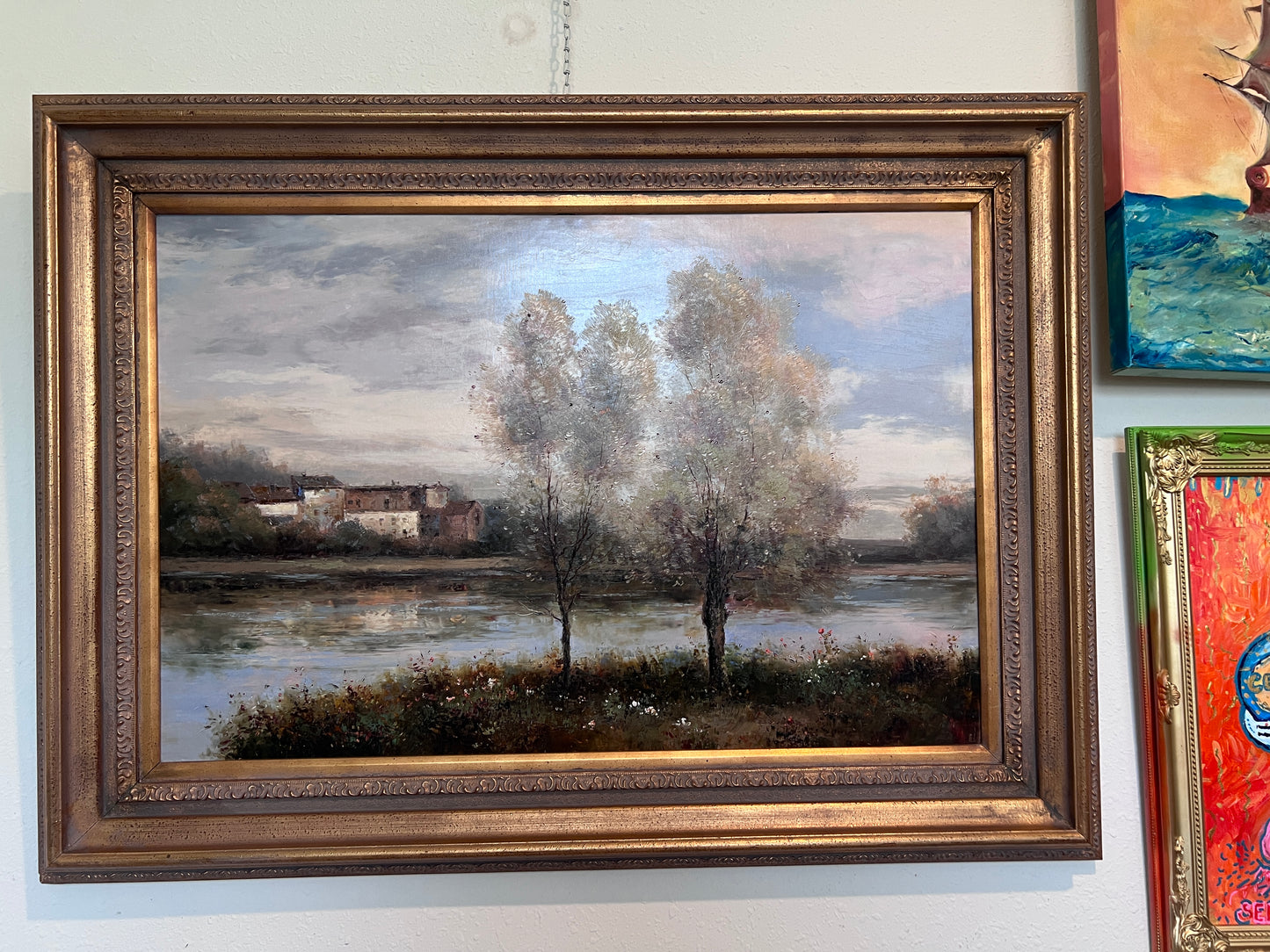 Large Vintage Oil Painting River Landscape European Countryside Scene Unsigned