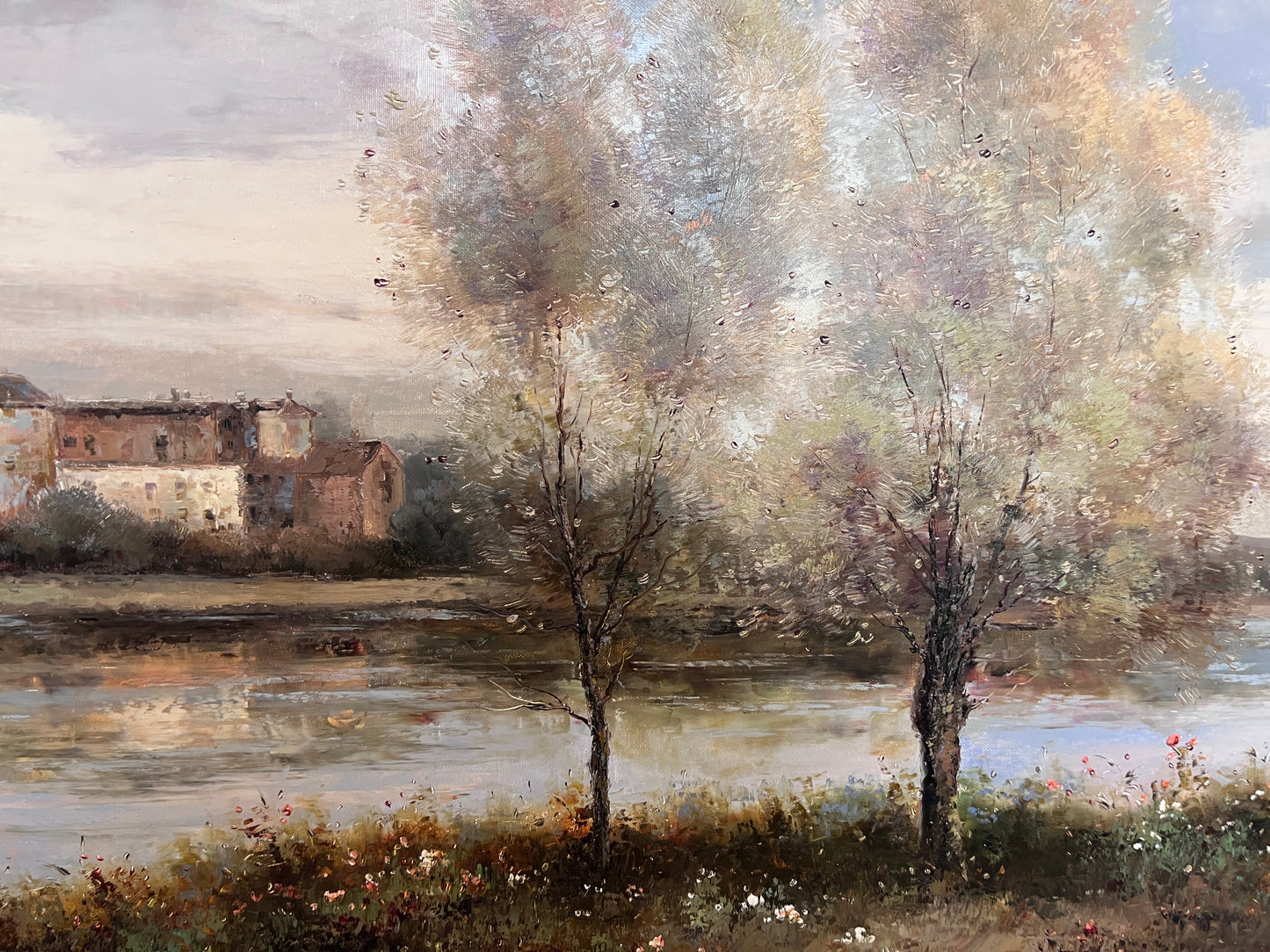Large Vintage Oil Painting River Landscape European Countryside Scene Unsigned