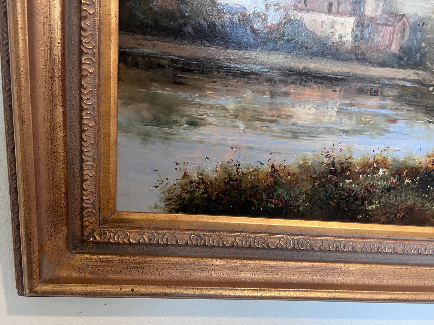 Large Vintage Oil Painting River Landscape European Countryside Scene Unsigned