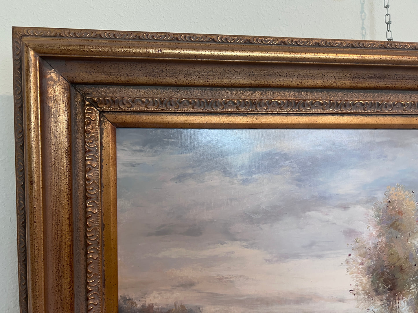 Large Vintage Oil Painting River Landscape European Countryside Scene Unsigned