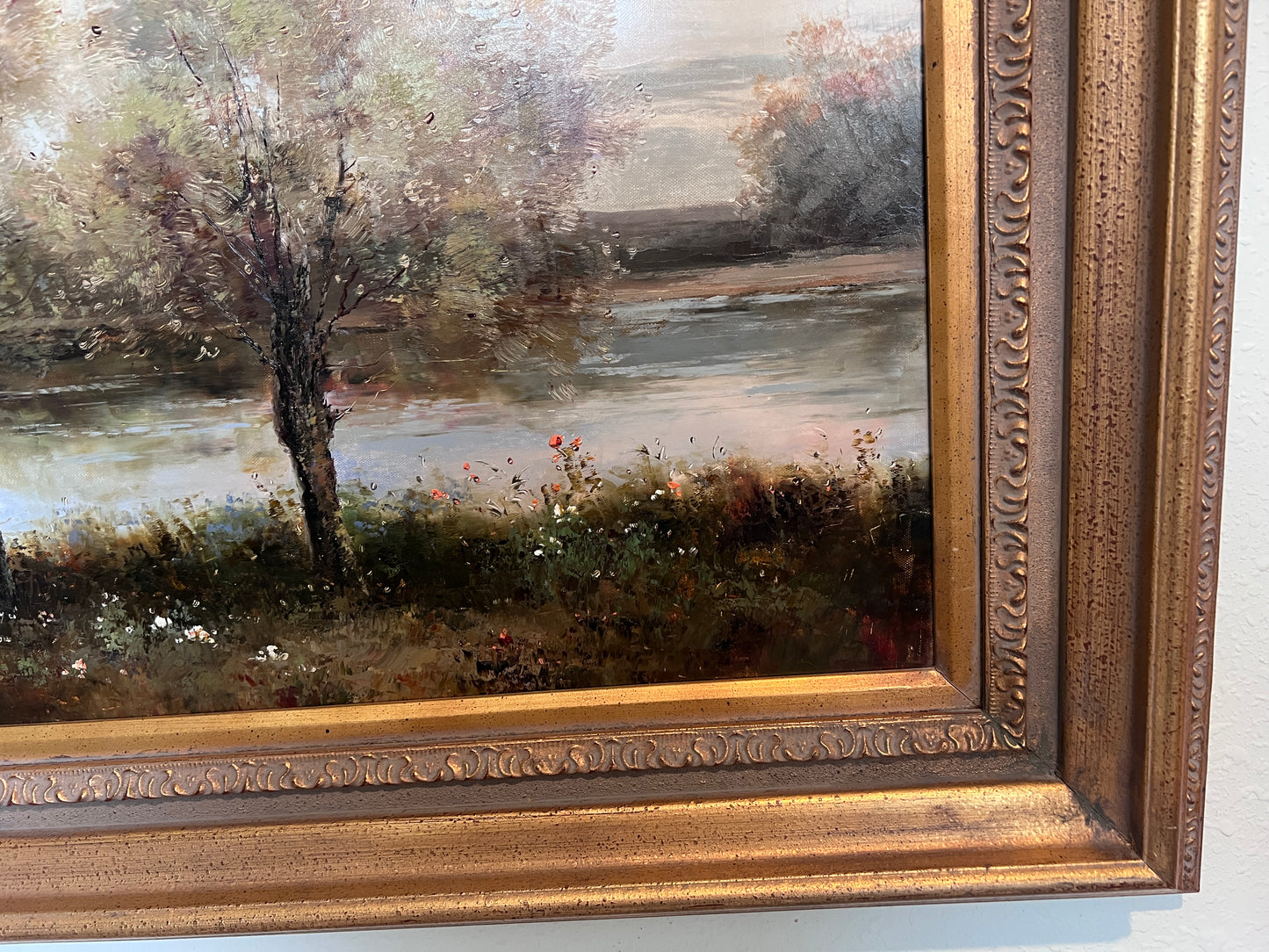 Large Vintage Oil Painting River Landscape European Countryside Scene Unsigned