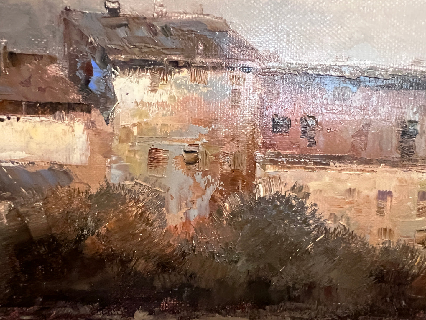 Large Vintage Oil Painting River Landscape European Countryside Scene Unsigned