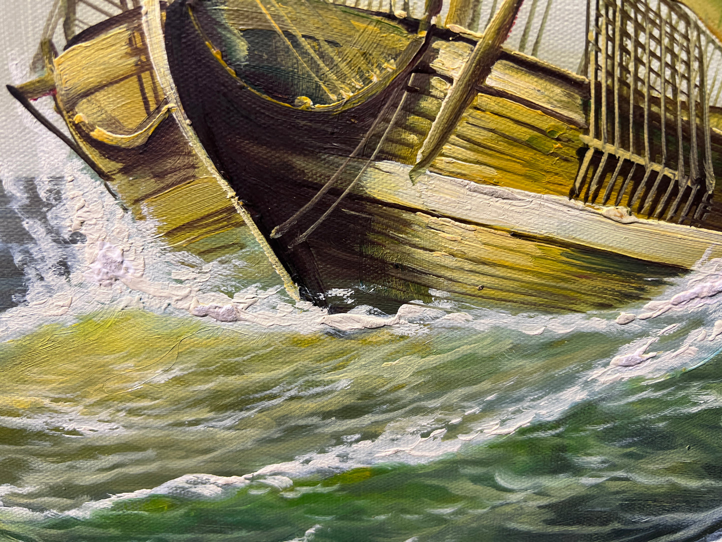 Large oil painting on canvas, seascape, Sailing Ship in the Stormy Ocean, Signed