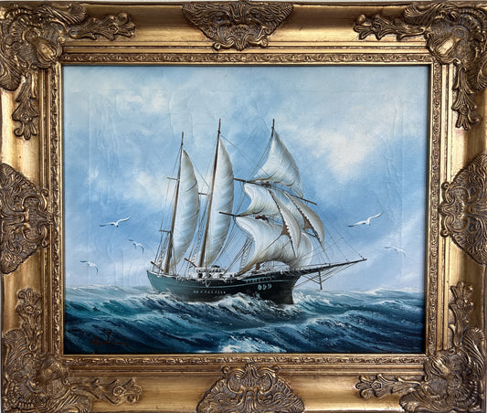 Hydon Original oil painting on canvas, seascape, Sailing ship on the Sea, Framed