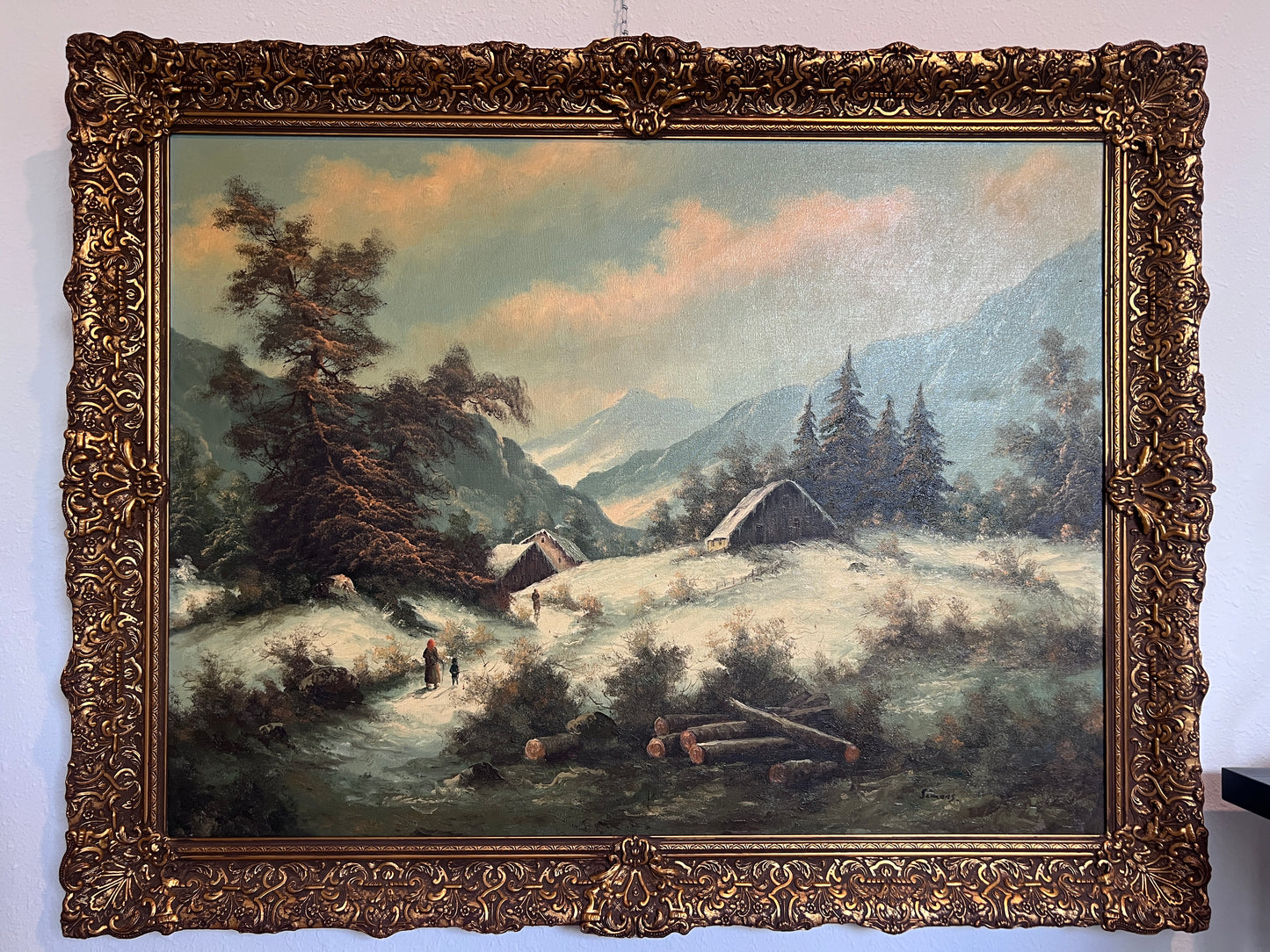 Simans Large Vintage Dutch Oil painting on canvas, Landscape, Gold Leaf Frame