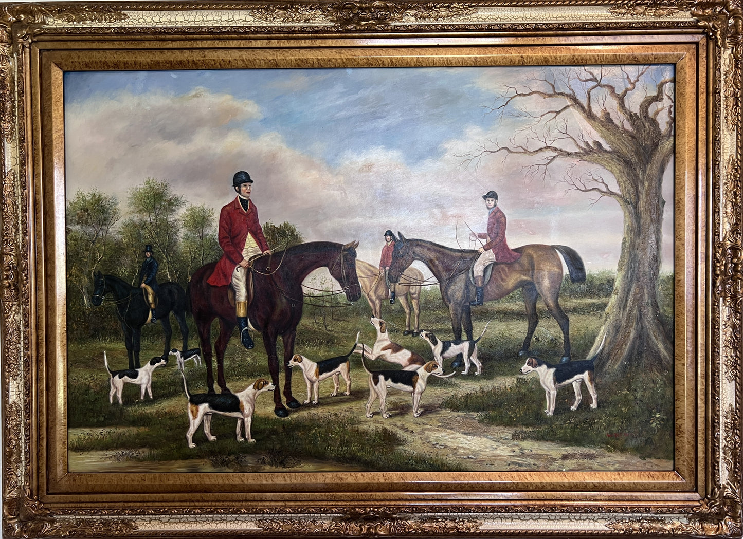 Large  Painting Horses Fox Hunting Scene with Hounds Signed Willson Framed