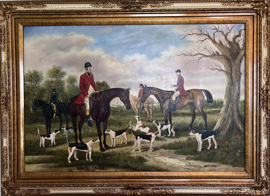 Large  Painting Horses Fox Hunting Scene with Hounds Signed Willson Framed