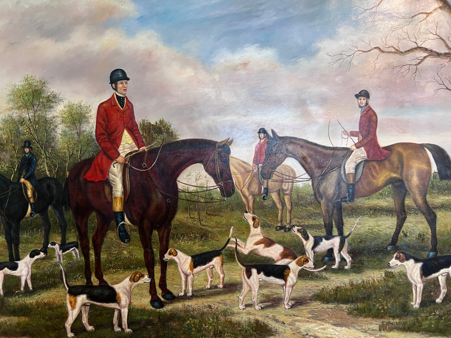 Large  Painting Horses Fox Hunting Scene with Hounds Signed Willson Framed