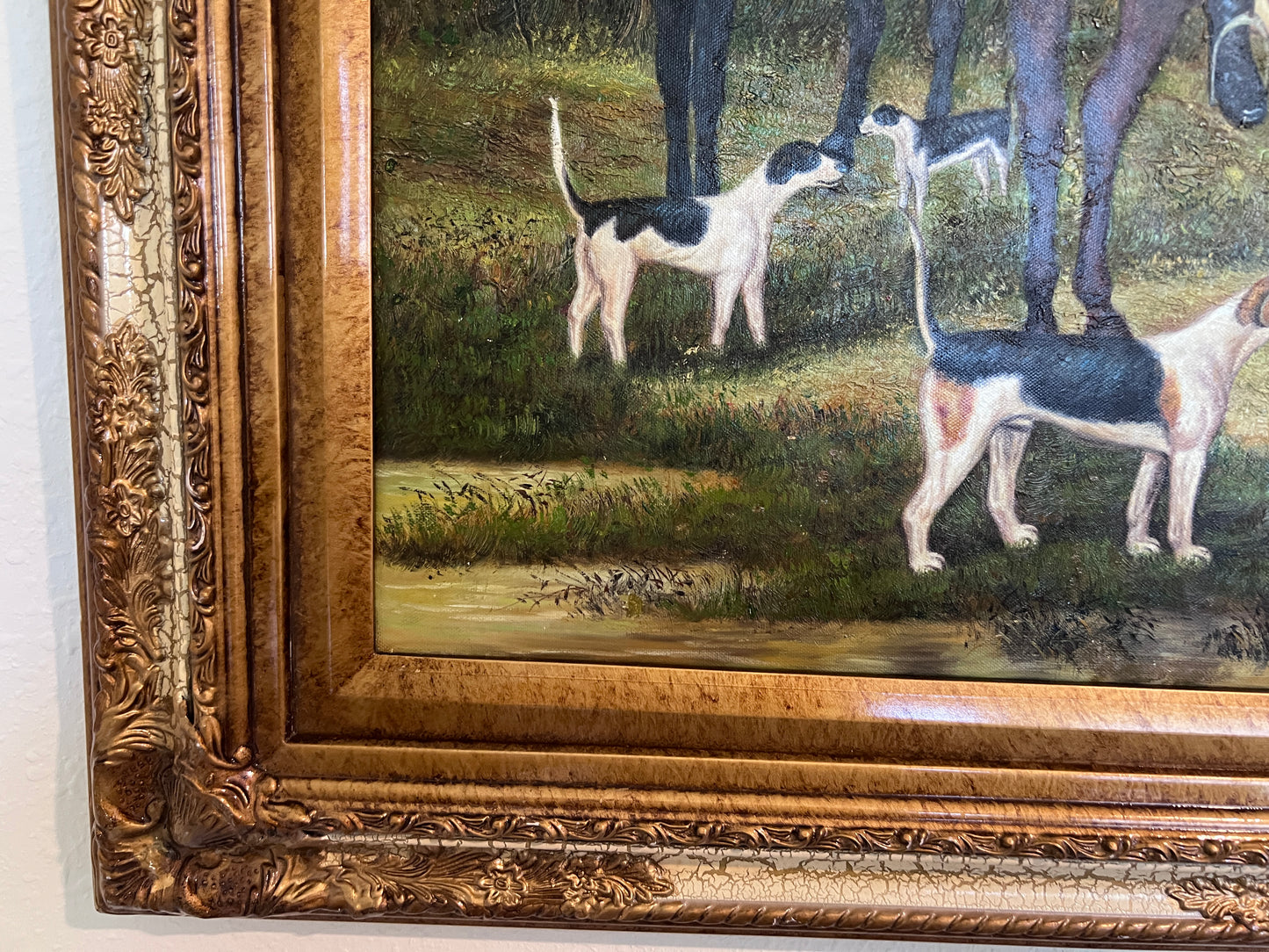 Large  Painting Horses Fox Hunting Scene with Hounds Signed Willson Framed