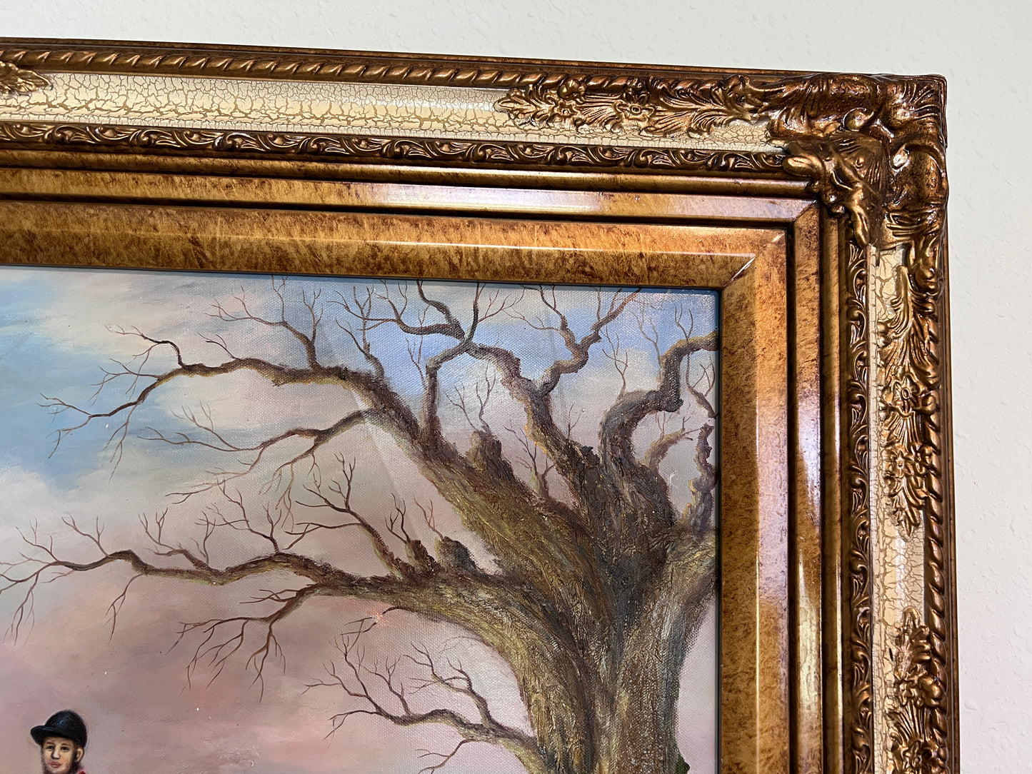 Large  Painting Horses Fox Hunting Scene with Hounds Signed Willson Framed