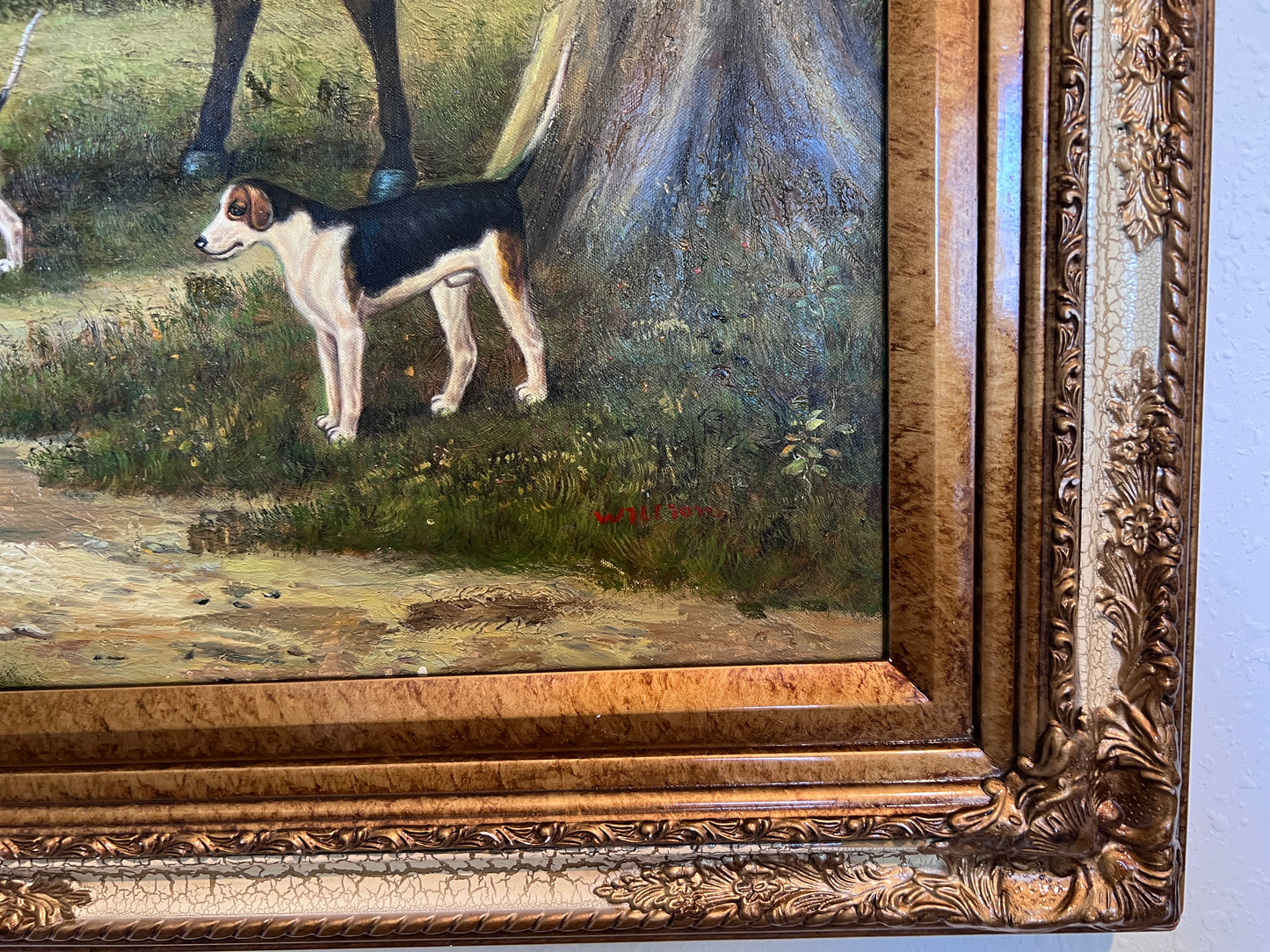 Large  Painting Horses Fox Hunting Scene with Hounds Signed Willson Framed