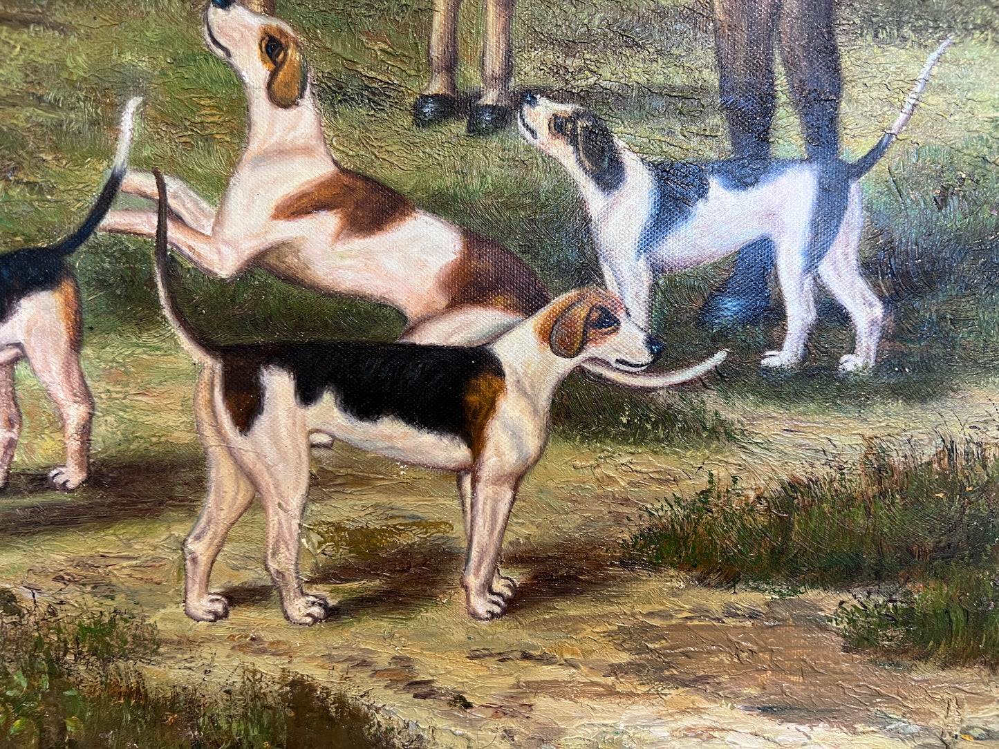 Large  Painting Horses Fox Hunting Scene with Hounds Signed Willson Framed