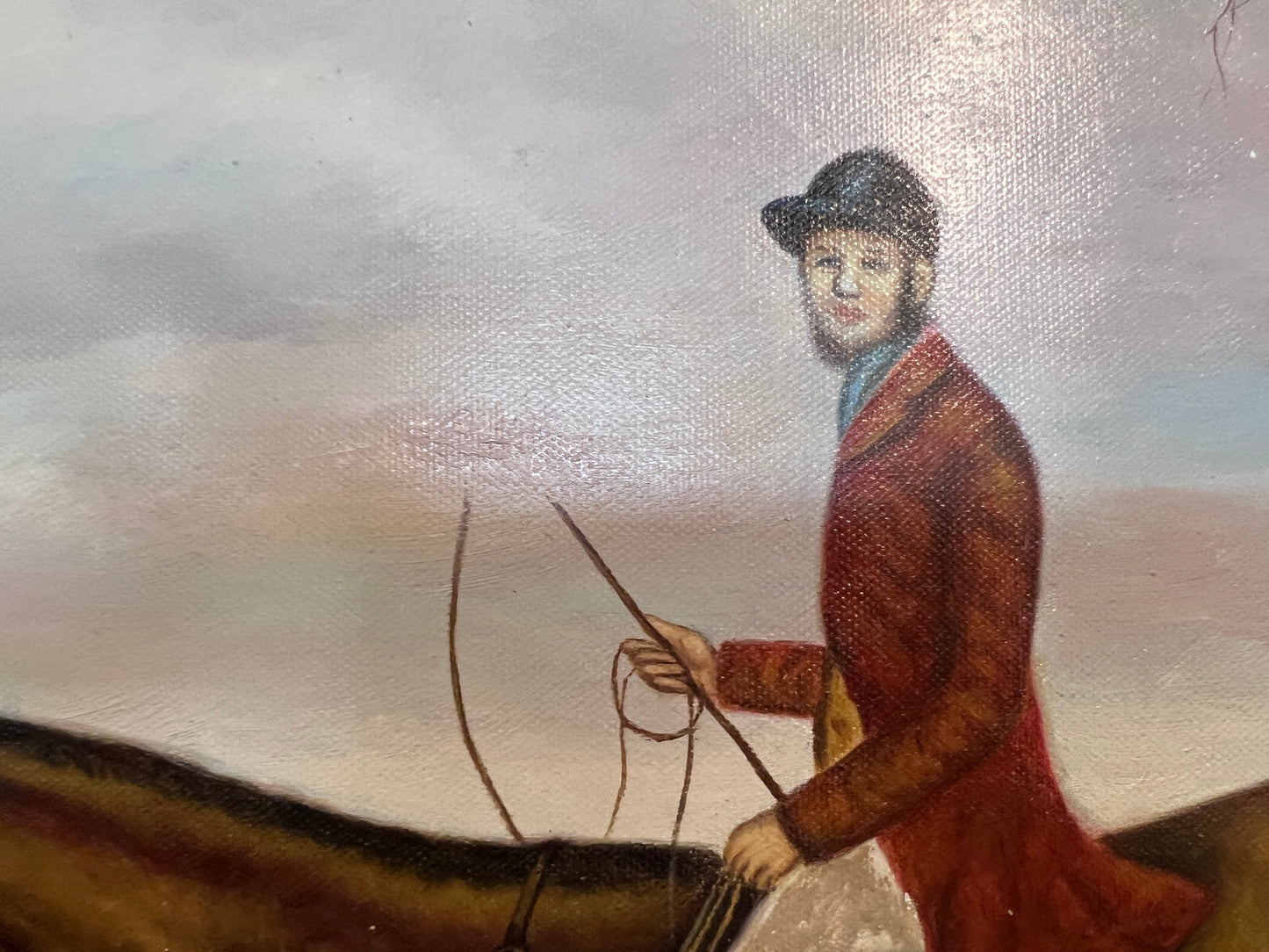 Large  Painting Horses Fox Hunting Scene with Hounds Signed Willson Framed