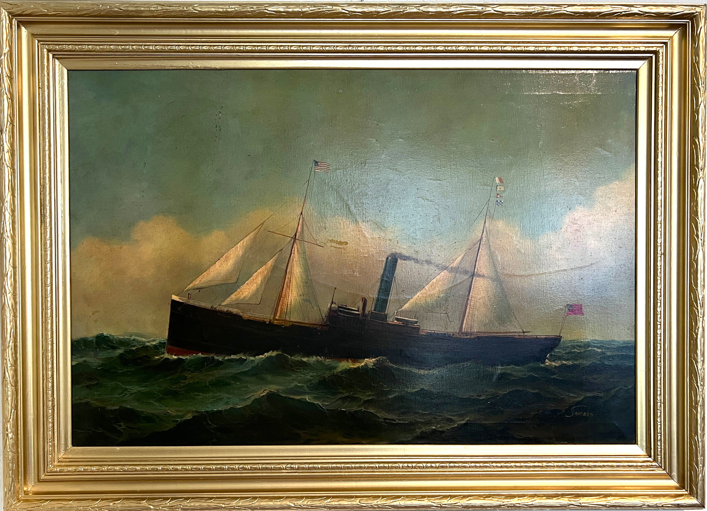 Antique Maritime Oil Painting Ship, Signed Sanders Large Framed Nautical Art