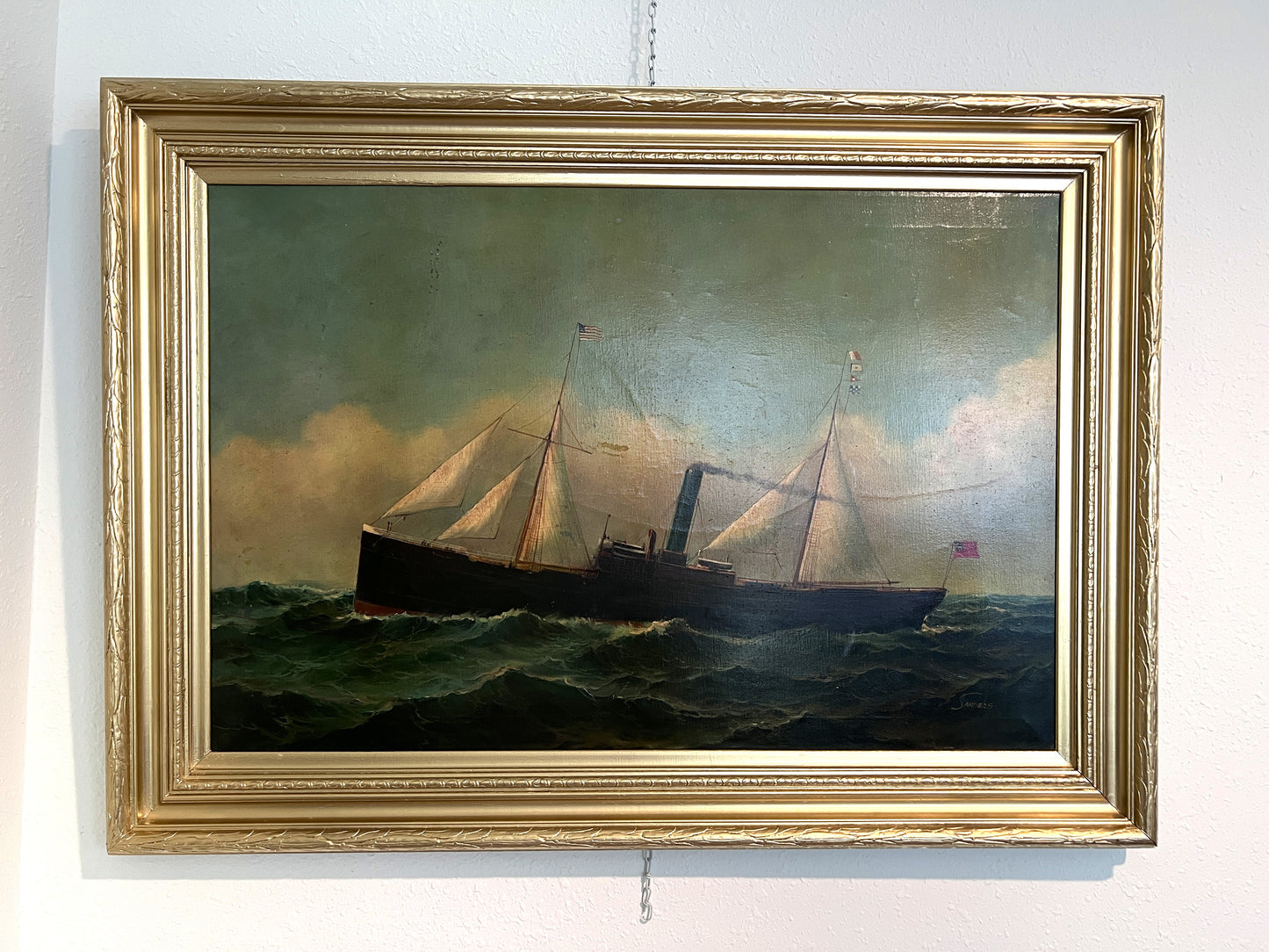 Antique Maritime Oil Painting Ship, Signed Sanders Large Framed Nautical Art