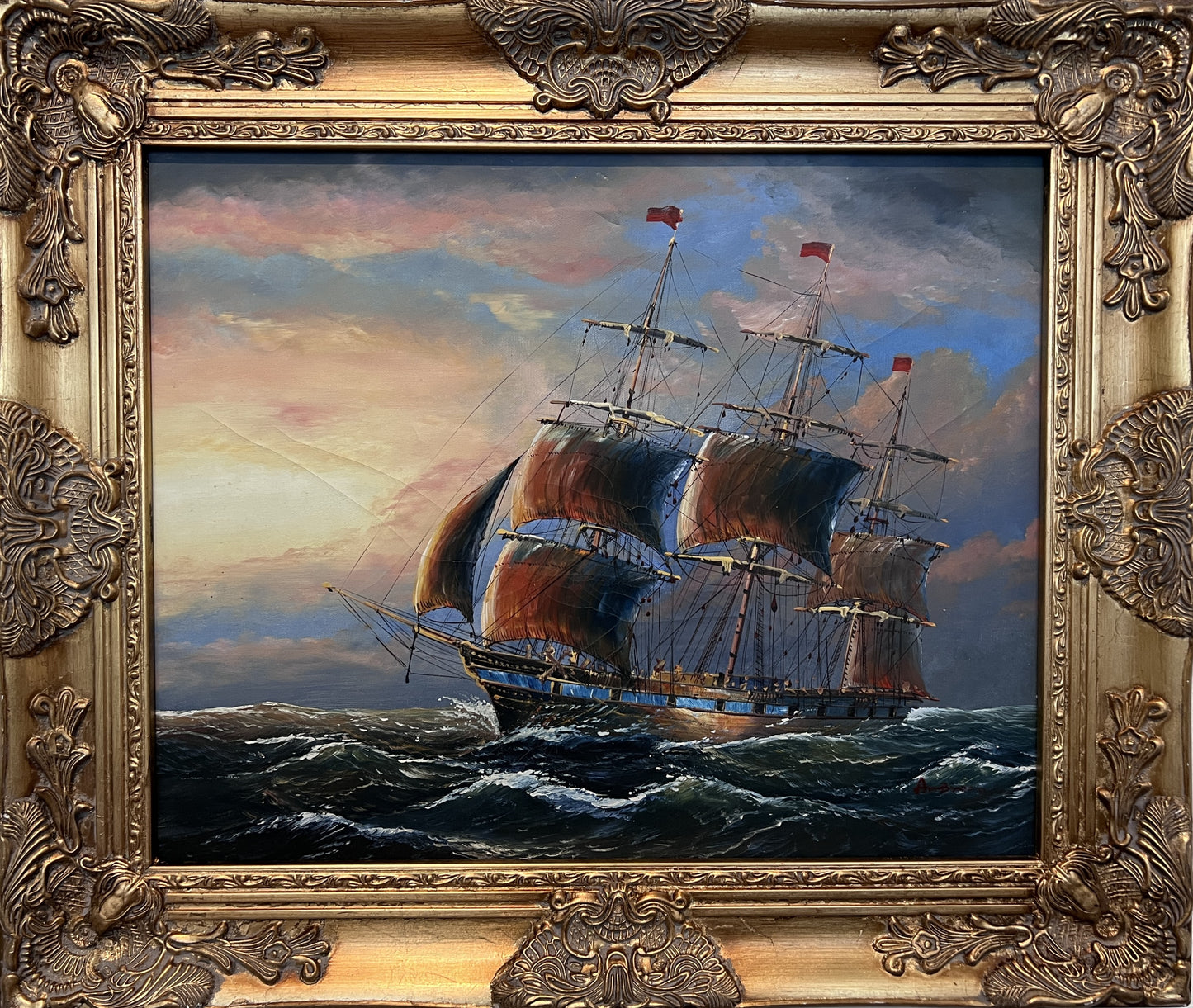 Vintage Maritime Oil Painting Ambrose Ship Seascape Sailboat Nautical Art