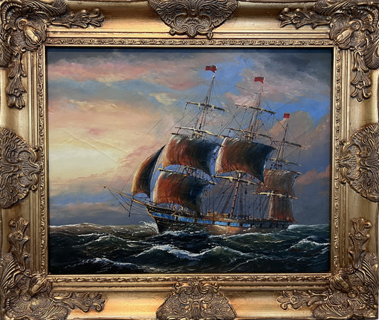 Vintage Maritime Oil Painting Ambrose Ship Seascape Sailboat Nautical Art