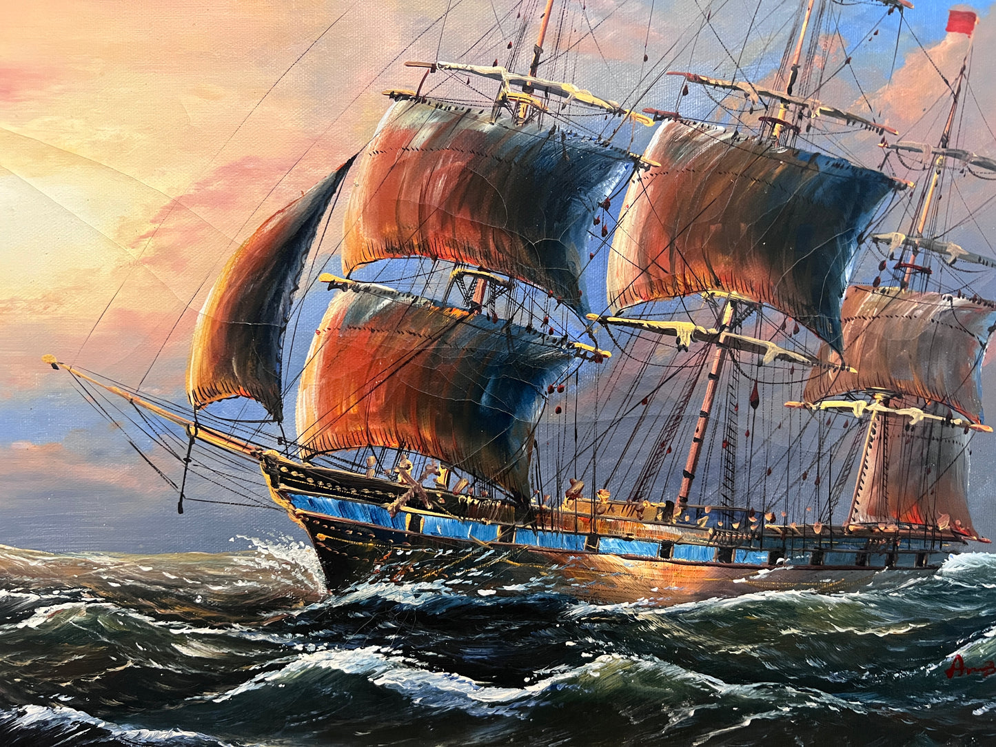 Vintage Maritime Oil Painting Ambrose Ship Seascape Sailboat Nautical Art