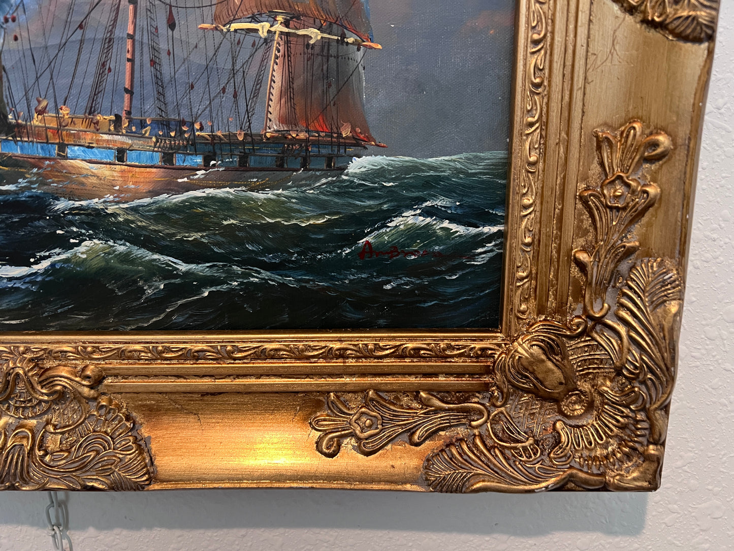 Vintage Maritime Oil Painting Ambrose Ship Seascape Sailboat Nautical Art