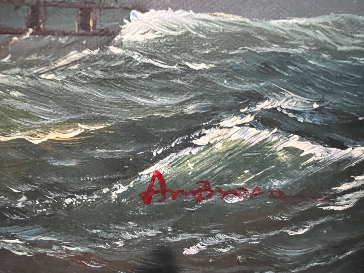 Vintage Maritime Oil Painting Ambrose Ship Seascape Sailboat Nautical Art