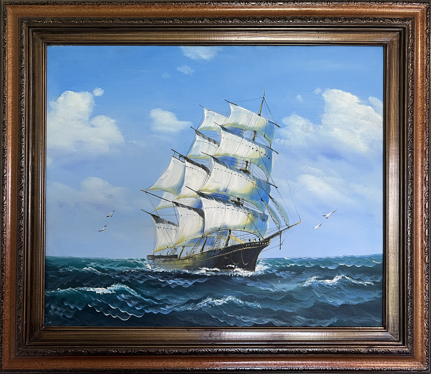 Original Seascape Oil Painting Clipper Ship Ocean Waves Maritime Art Framed