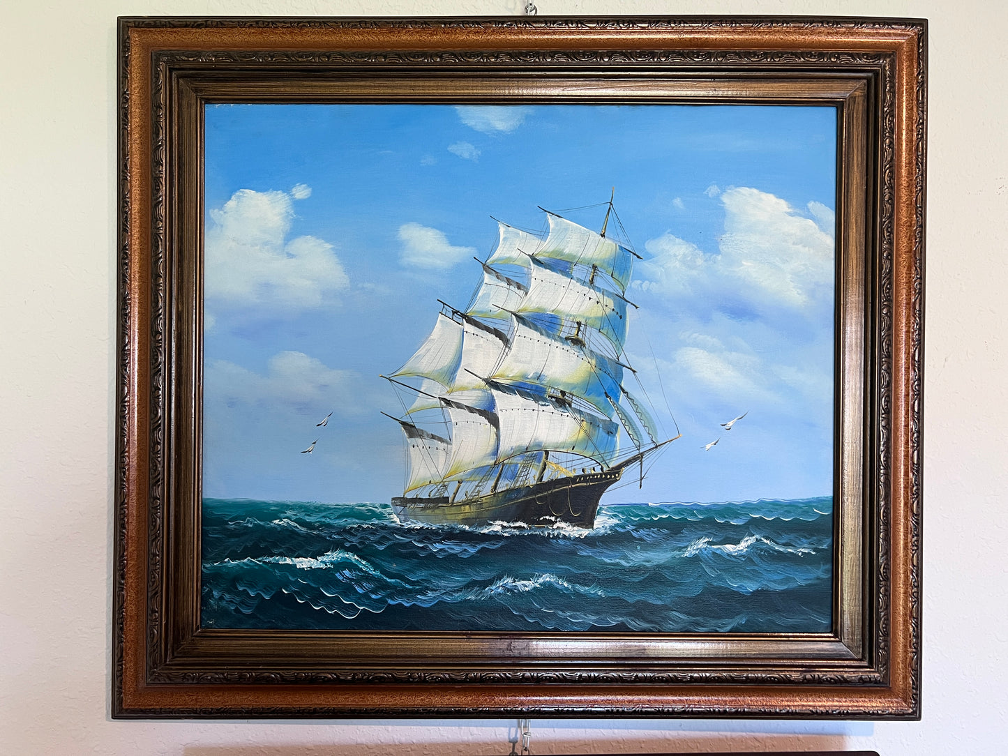 Original Seascape Oil Painting Clipper Ship Ocean Waves Maritime Art Framed