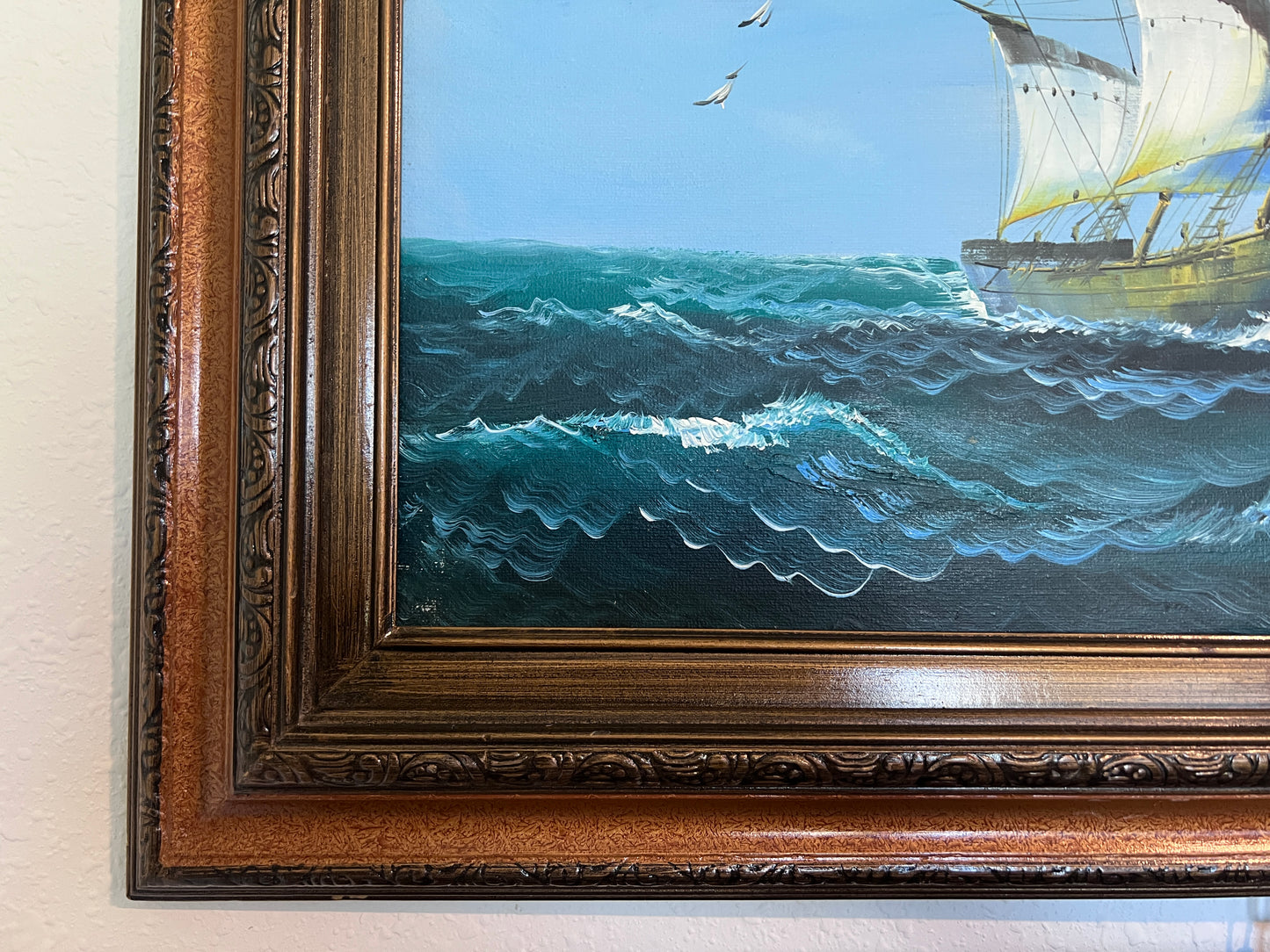 Original Seascape Oil Painting Clipper Ship Ocean Waves Maritime Art Framed