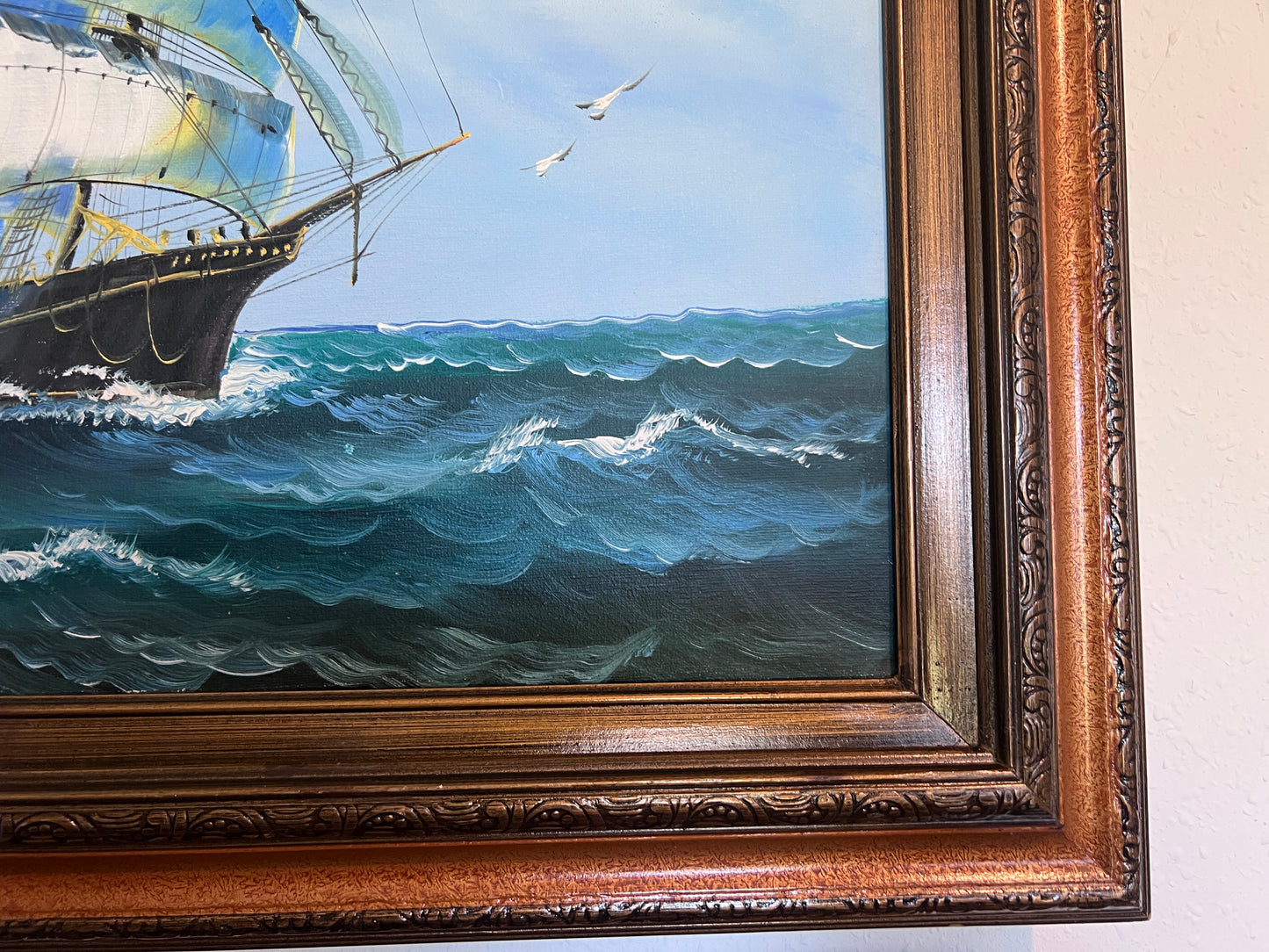 Original Seascape Oil Painting Clipper Ship Ocean Waves Maritime Art Framed