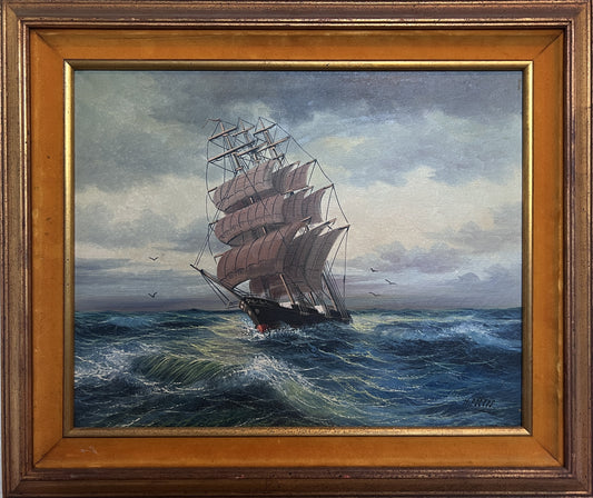Vintage Marine Oil Painting Ship at Sea Signed H. Peters, Framed Nautical Art
