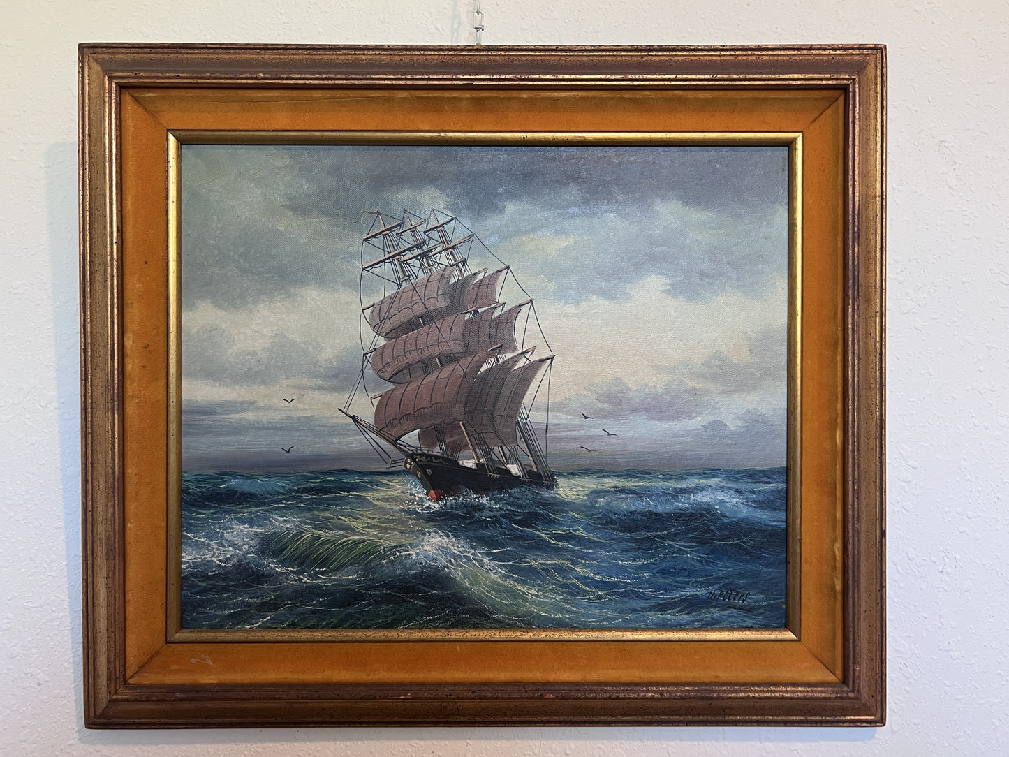 Vintage Marine Oil Painting Ship at Sea Signed H. Peters, Framed Nautical Art