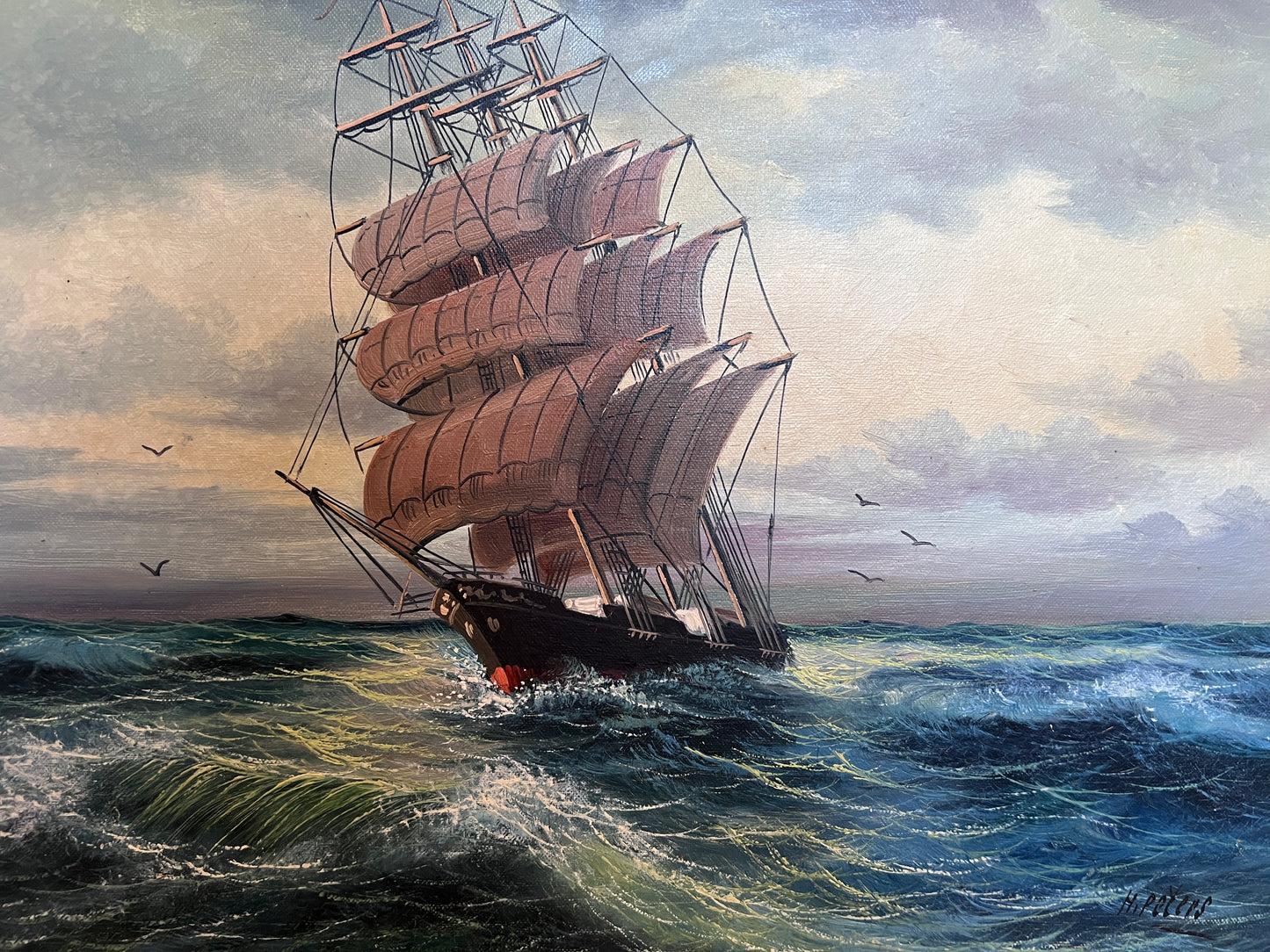 Vintage Marine Oil Painting Ship at Sea Signed H. Peters, Framed Nautical Art